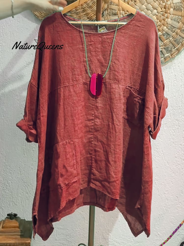 Women's Casual Cotton and Linen Round-neck Shirt