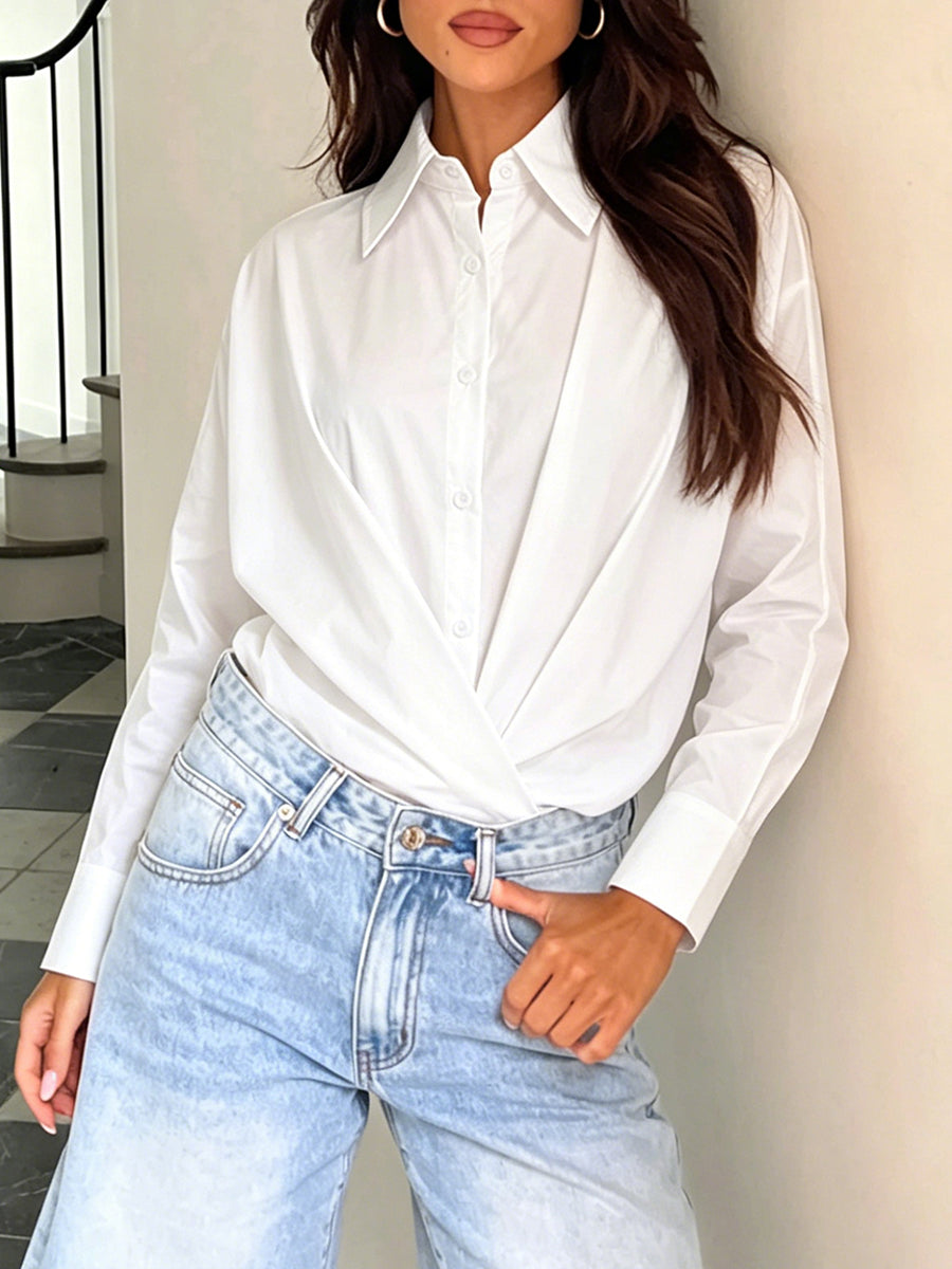 Batwing Sleeves Long Sleeves Buttoned Solid Color Lapel Blouses&Shirts Tops