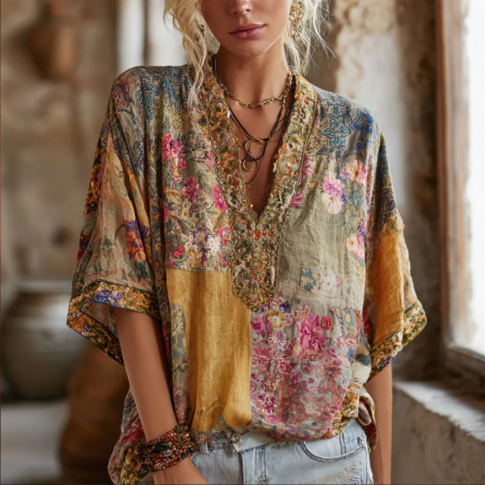 Three-dimensional Embroidery Rare Item Flower Vintage Tie-dye V-neck Short-sleeved Shirt