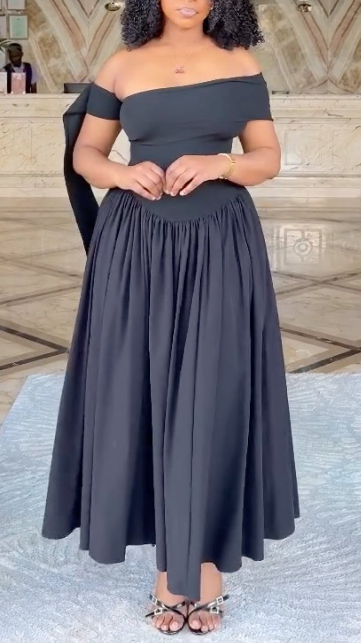 Off Shoulder Bow Sleeve High Waist Full Skirt Midi Formal Party Dress