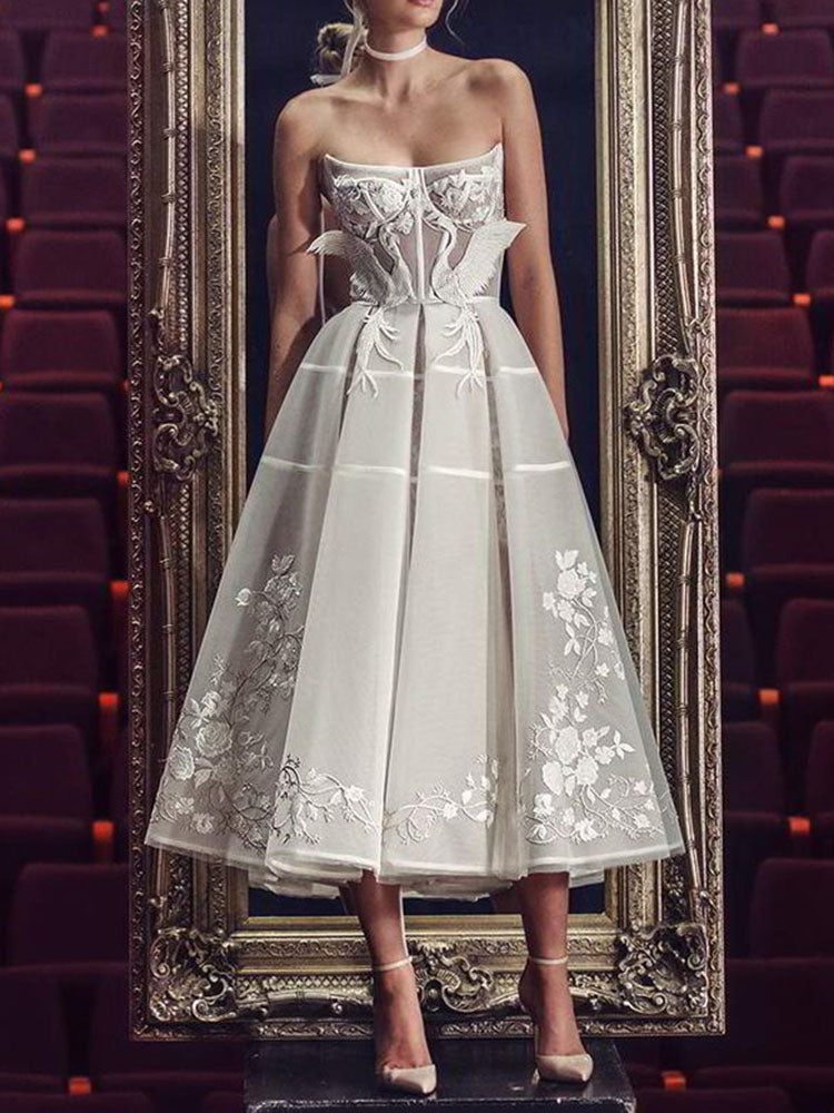 Bohemia Bandeau Backless Embroidered Applique Lace A-Line White Midi Dresses