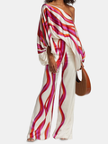 Printed Loose Puff Sleeves Off-the-shoulder Two Pieces Set Pants Set Casual Pants Bottoms Blouses