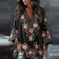 Women's Floral Embroidered Art Print Flowy Linen Blend Casual Tops