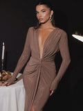 Elira Deep Plunge Glitter Maxi Dress – Long Sleeve Ruched Formal Gown for Special Occasions & Evening Glam