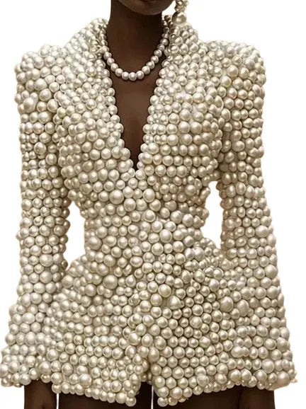 White Full Pearl-Embellished Blazer with Lining