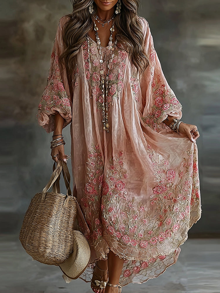 Women's Floral Art Flowy Linen Blend Casual Long Sleeve Maxi Dress