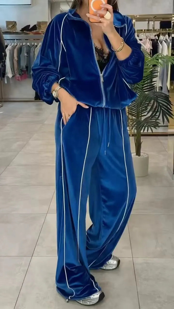 Royal Blue Velvet Striped Tracksuit, 2 Piece  Set