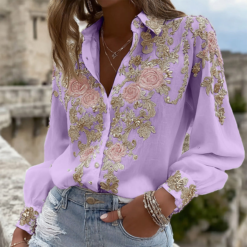Women's Pink Rose Embroidery Art Long Sleeve Linen Blend Shirt