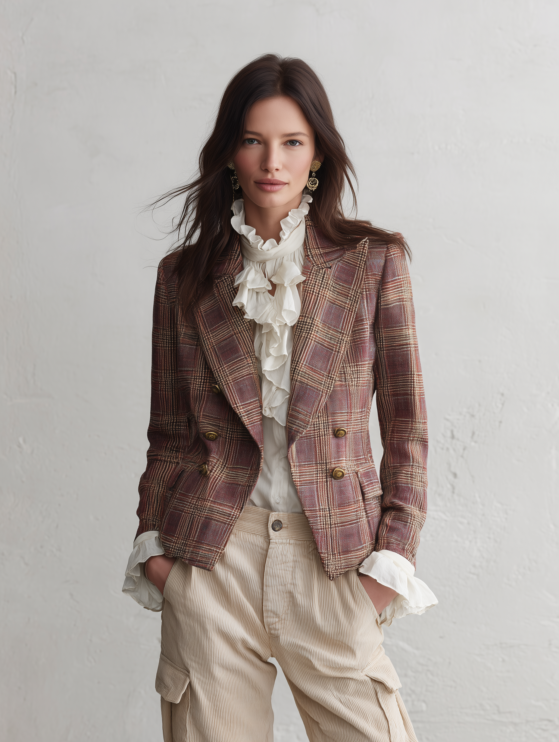 Effortless Chic Textured Tweed Fitted Peaked-Lapel Brown & Pink Plaid Blazer