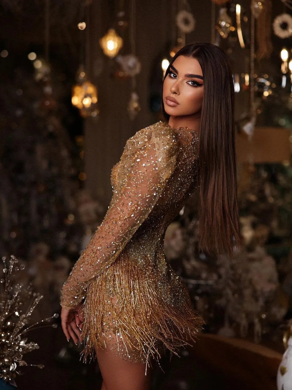 Elegant V-neck Long Sleeve Sheer Mesh Sequined Fringed Hem Mini Evening Gown
