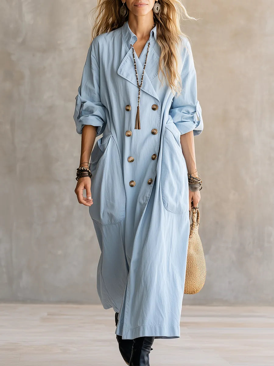 Casual Light Blue Double-breasted Trench Coat