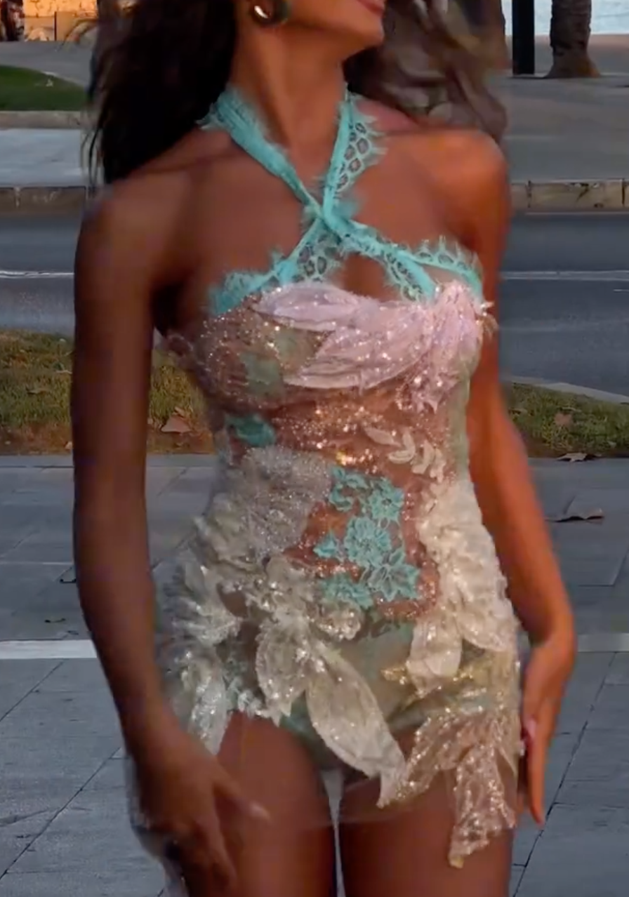 Mint & Pastel Lace Halter Mini Dress