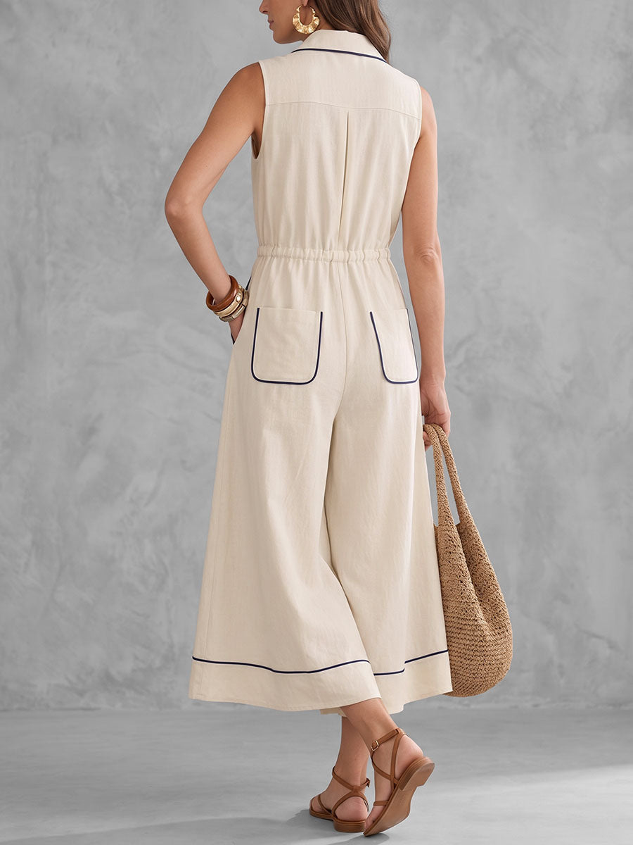 Zipper Pockets Elasticity Drawstring Contrast Color Wide Leg Sleeveless Lapel Jumpsuits