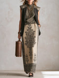 Bohemian Olive Green Sleeveless Vest And Skirt Set