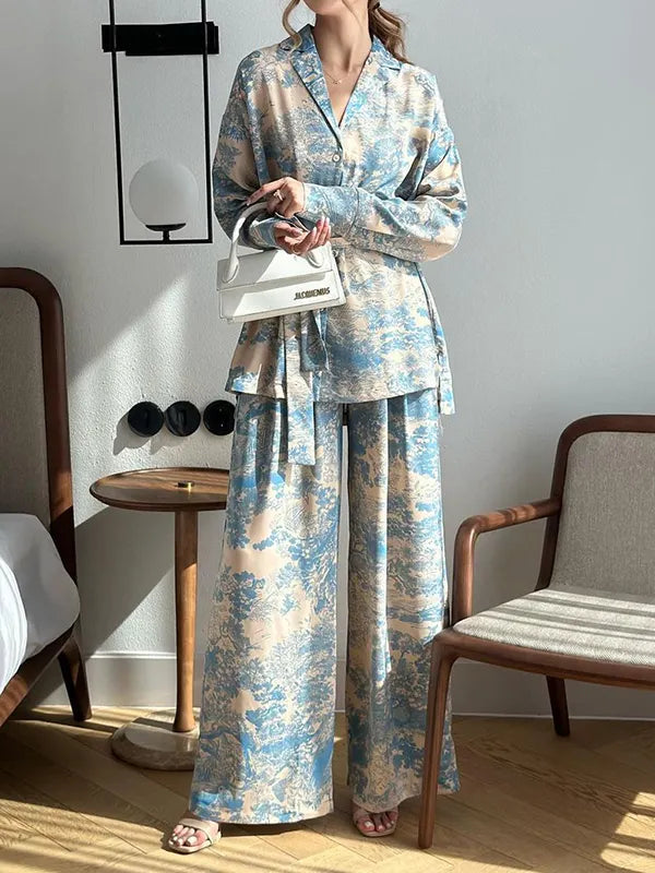 Buttoned Printed Tied Waist High Waisted Long Sleeves Notched Collar Two Pieces Set Pants Set