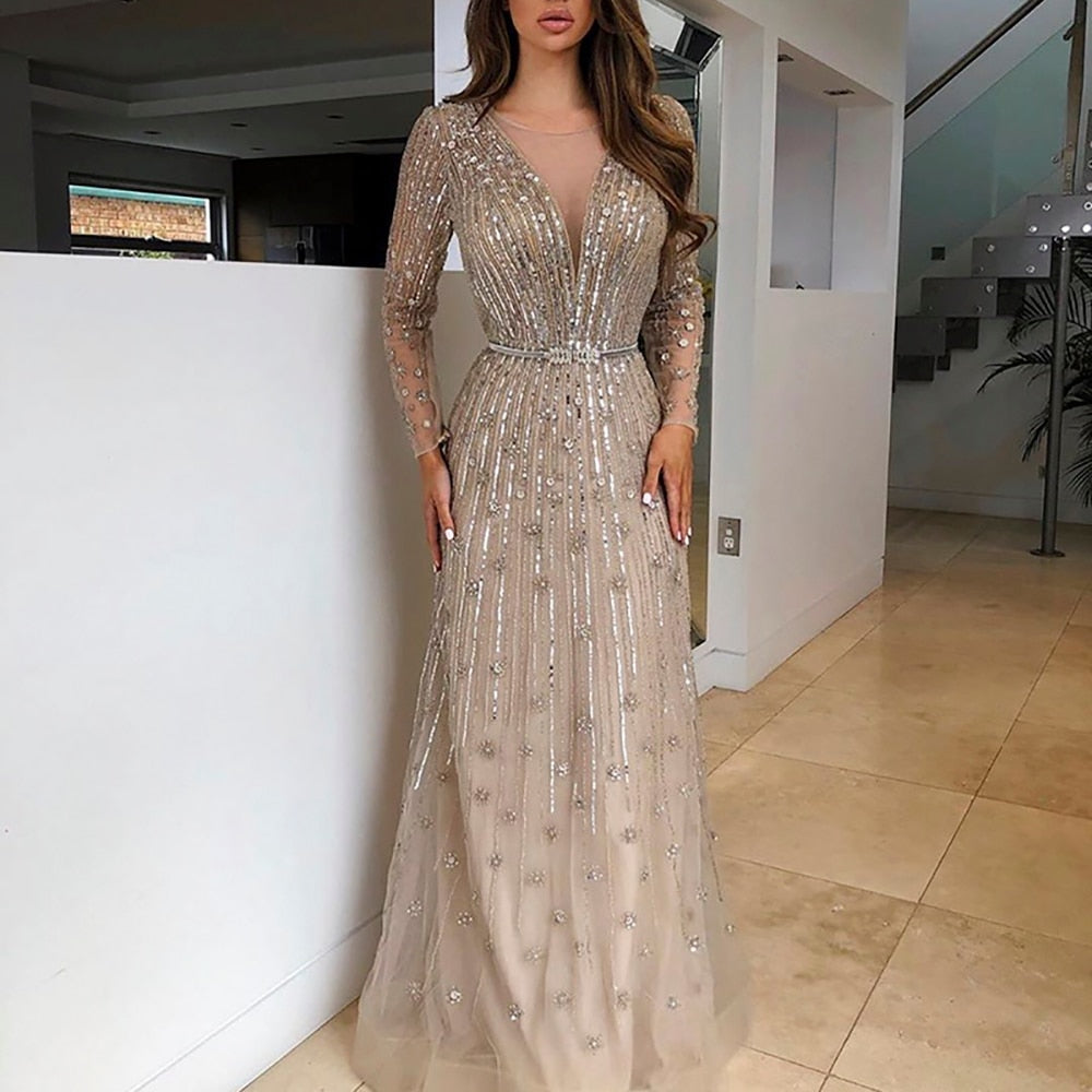 Dreamy Vow Luxury Dubai Gold Silver Evening Dress Long Sleeve Arabic Muslim Formal Prom Dresses for Women Wedding Party 126