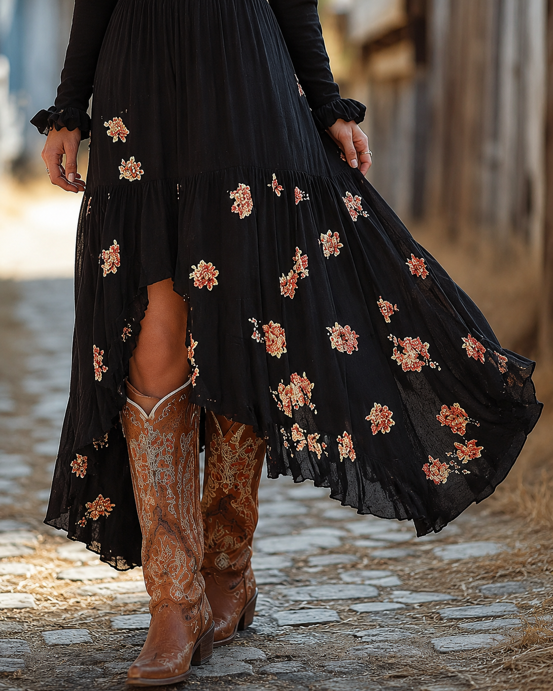 Black Floral Smocked-Waist Maxi Dress