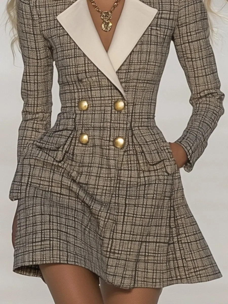 [24-hour shipping out]Classic and Fashionable Contrast Lapel Plaid Mini Dress