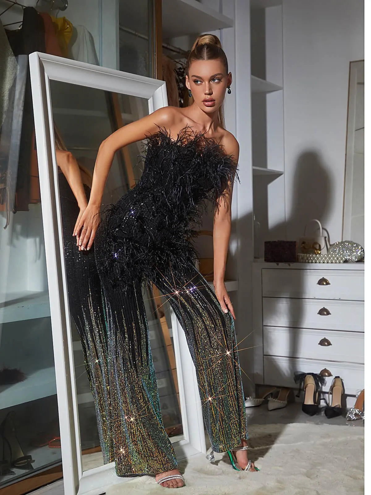 Shiva Ombre Feather Sequin Jumpsuit