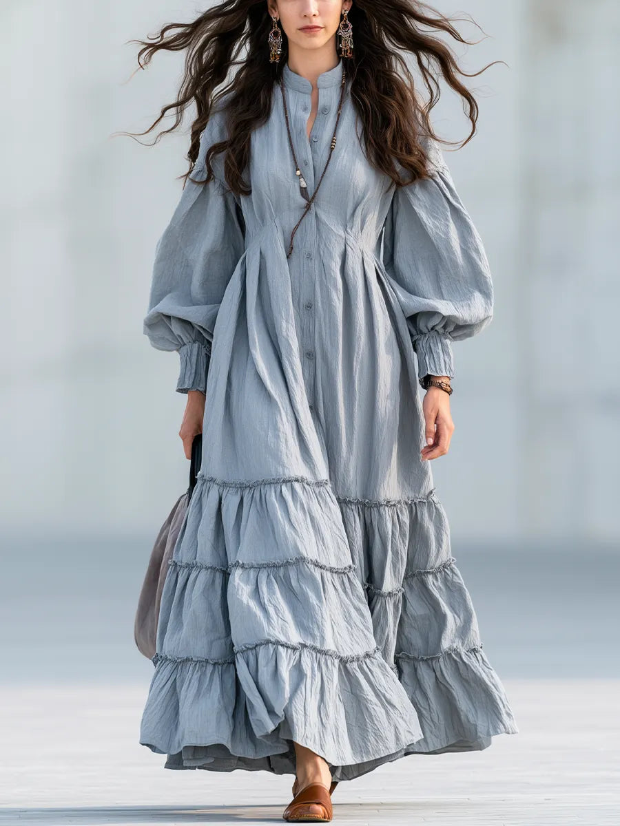 Bohemian Grey Tiered Ruffle Button Maxi Dress