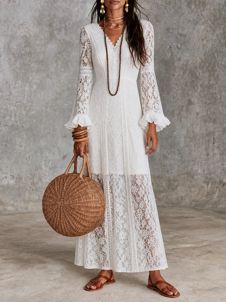 Coastal Boho Sheer Lace Long Sleeve Maxi Dress