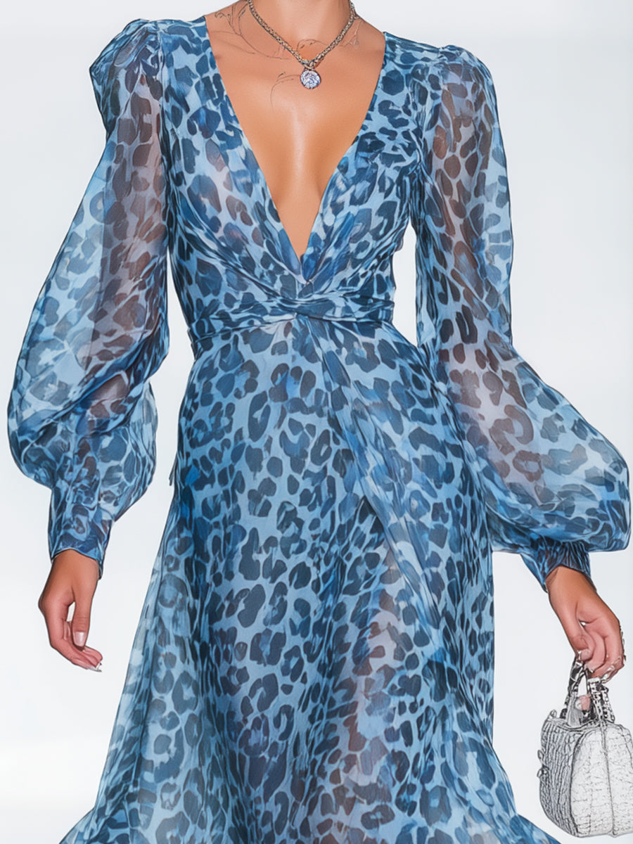[24-hour shipping out]Elegant And Fashionable Chiffon Blue Leopard Print Long Sleeve V-neck Flowing Maxi Dress