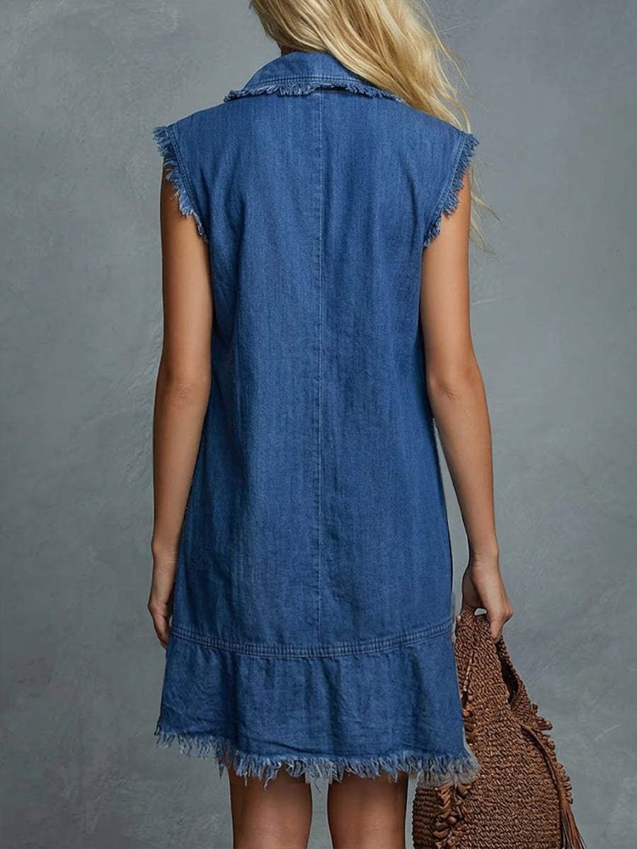 Casual Half-zip Pure Cotton Mini Denim Dress