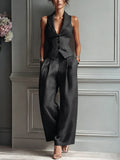 Women's Elegant Tailored Vest & Wide-Leg Pants Set - 2 Piece Chic Power Suit for Office & Leisure