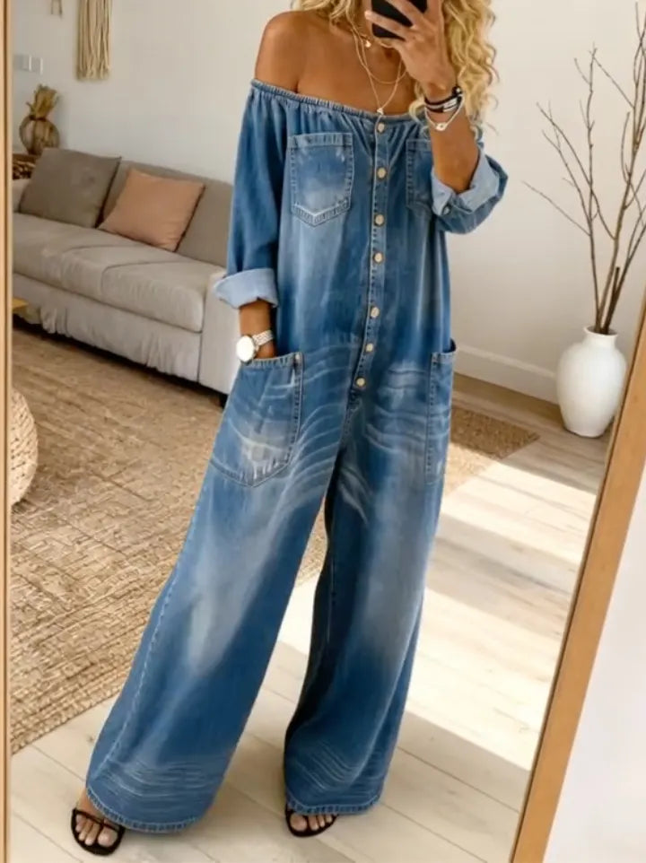 Blue Denim Off-the-Shoulder Wide Leg Jumpsuit