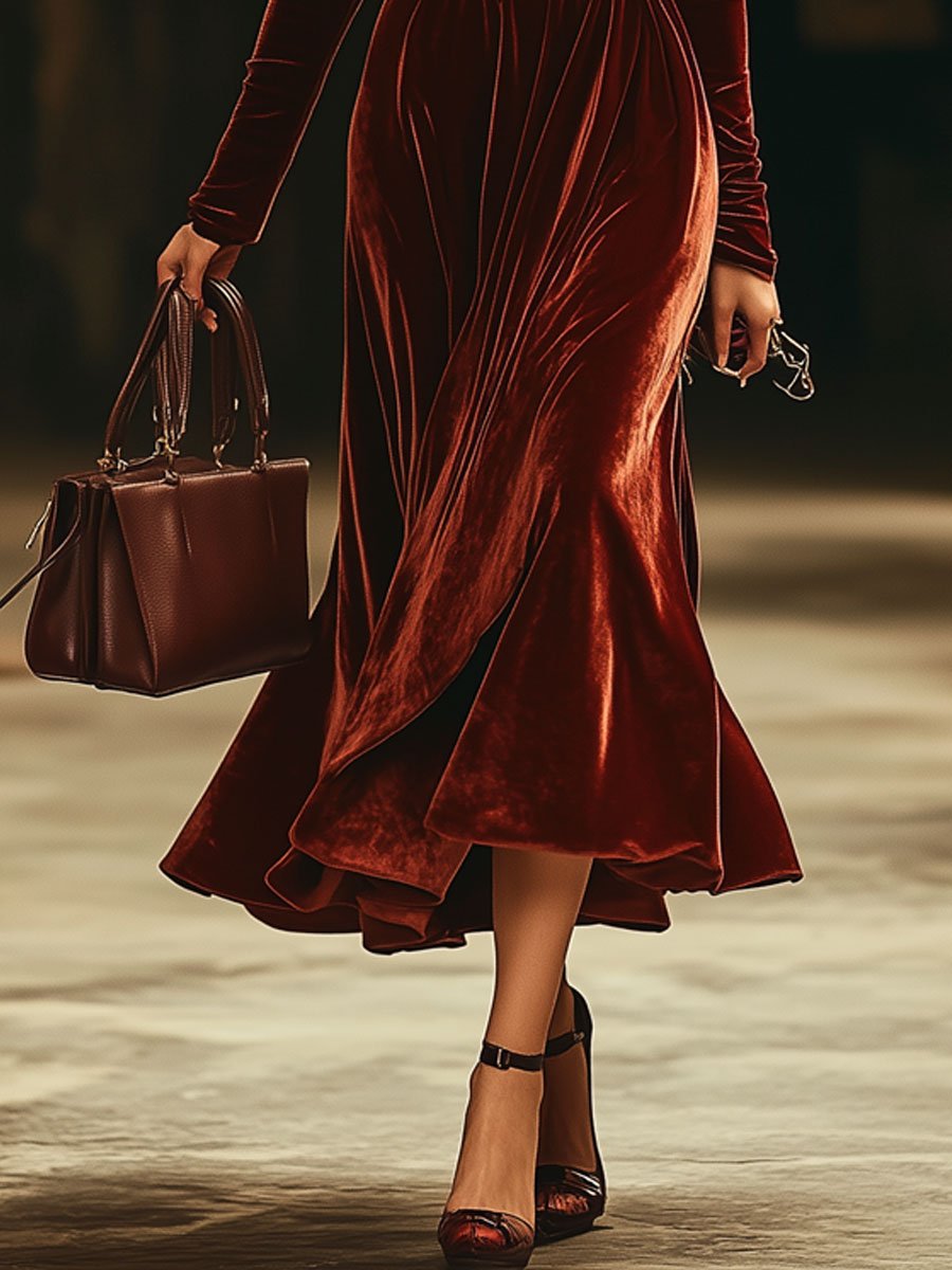 [24-hour shipping out]Fashion Party Off-shoulder Solid Color Velvet Long Sleeve Midi Dress