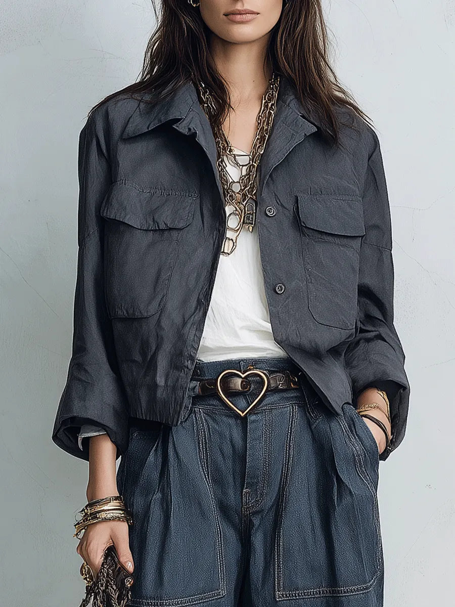 Effortless Cool Washed Relaxed-Fit Dark Grey Utility Jacket