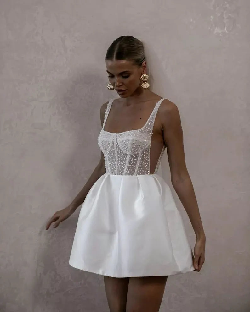 Delicate beaded wedding mini dress. Mini dress for party, dance dress, birthday party tailored to the bride's body measurements.