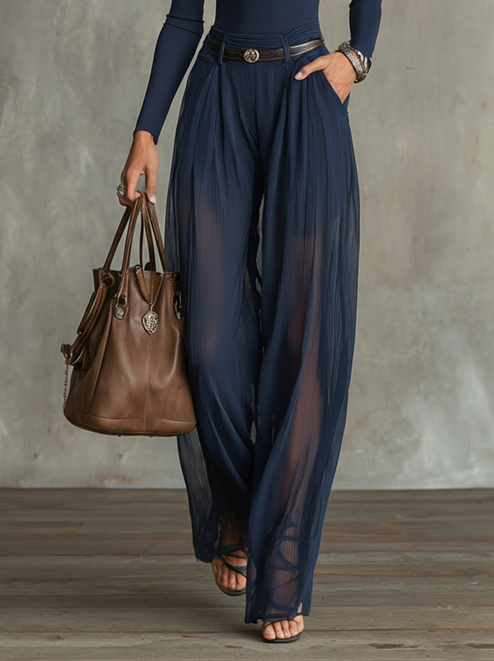 Navy Lace-Panel Long Sleeve Top And Sheer Pleated Wide-Leg Pants Set(with belt)