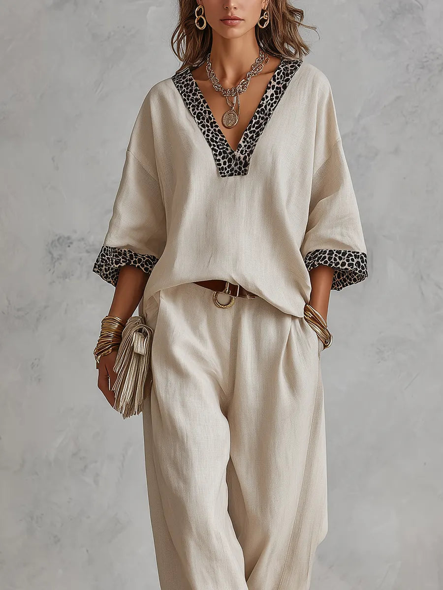 Bohemian Ivory Leopard Print Linen Set