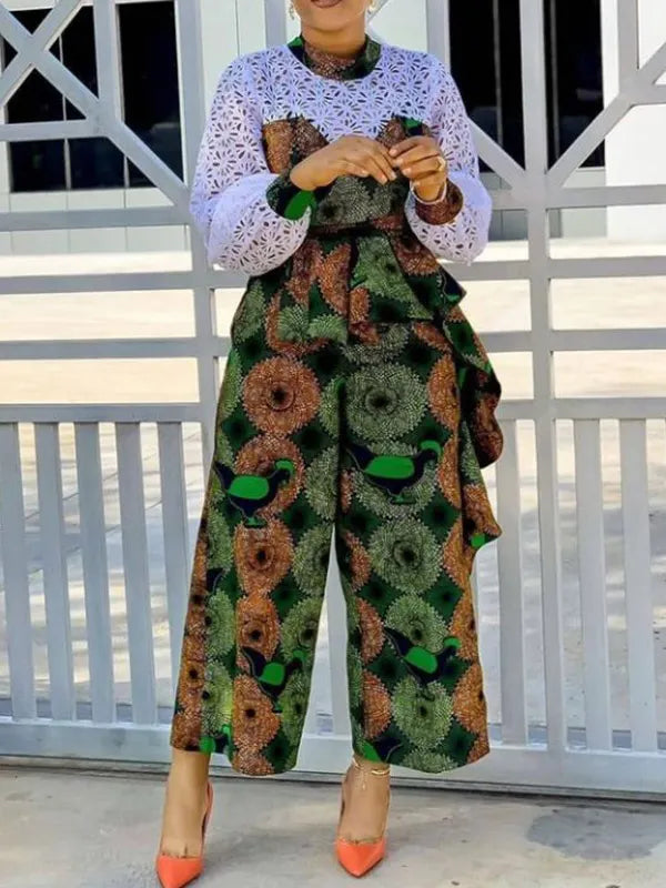 Floral Printed Loose Split-Joint Polka Dot Belted Casual Jumpsuit