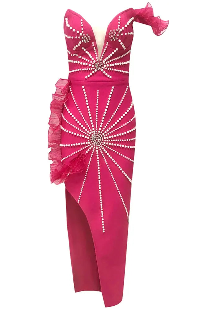 Bardot Pearl Ruffle Maxi Dress Hot Pink