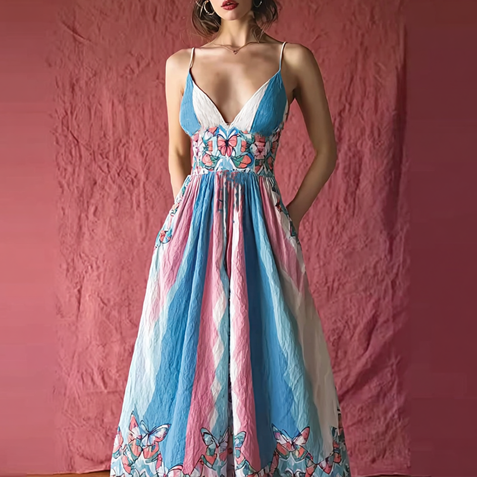 Retro Butterfly Print Transgender Colorblock Patchwork Dress