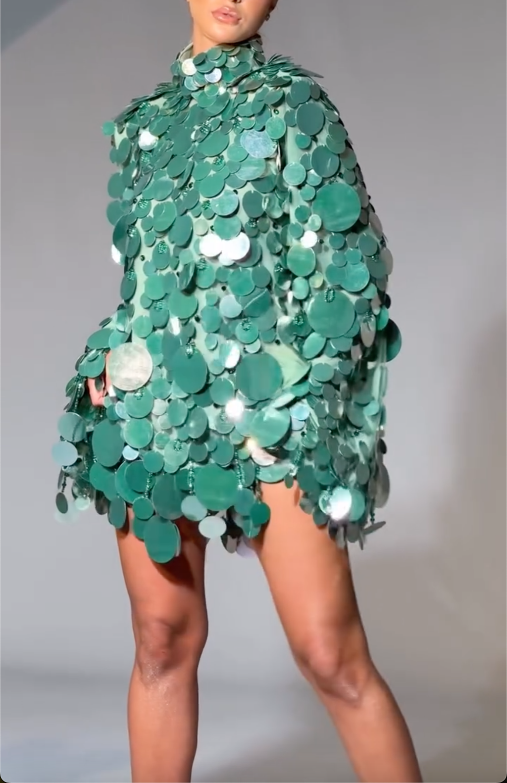 Green Large Sequin High Neck Long Sleeve Mini Dress