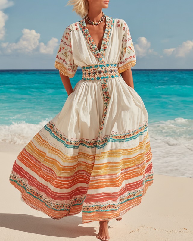 Summer Holiday Lace Stripe Beaded Stripe Print Dress cc3d