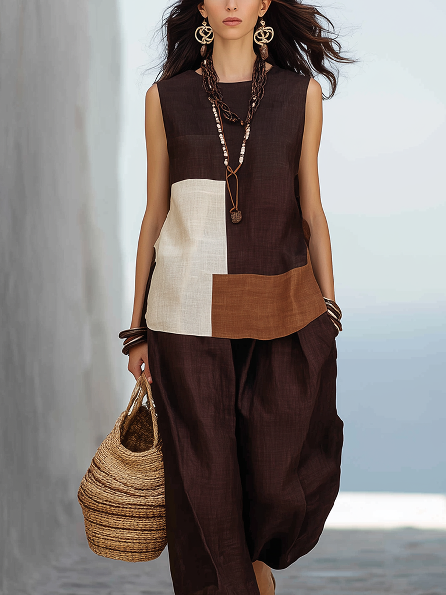 Bohemian Color-block Linen Set