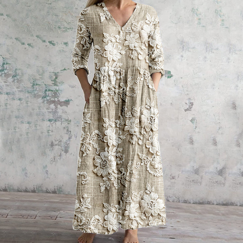 Vintage Floral Lace Embroidered V Neck Linen Blend Maxi Dress