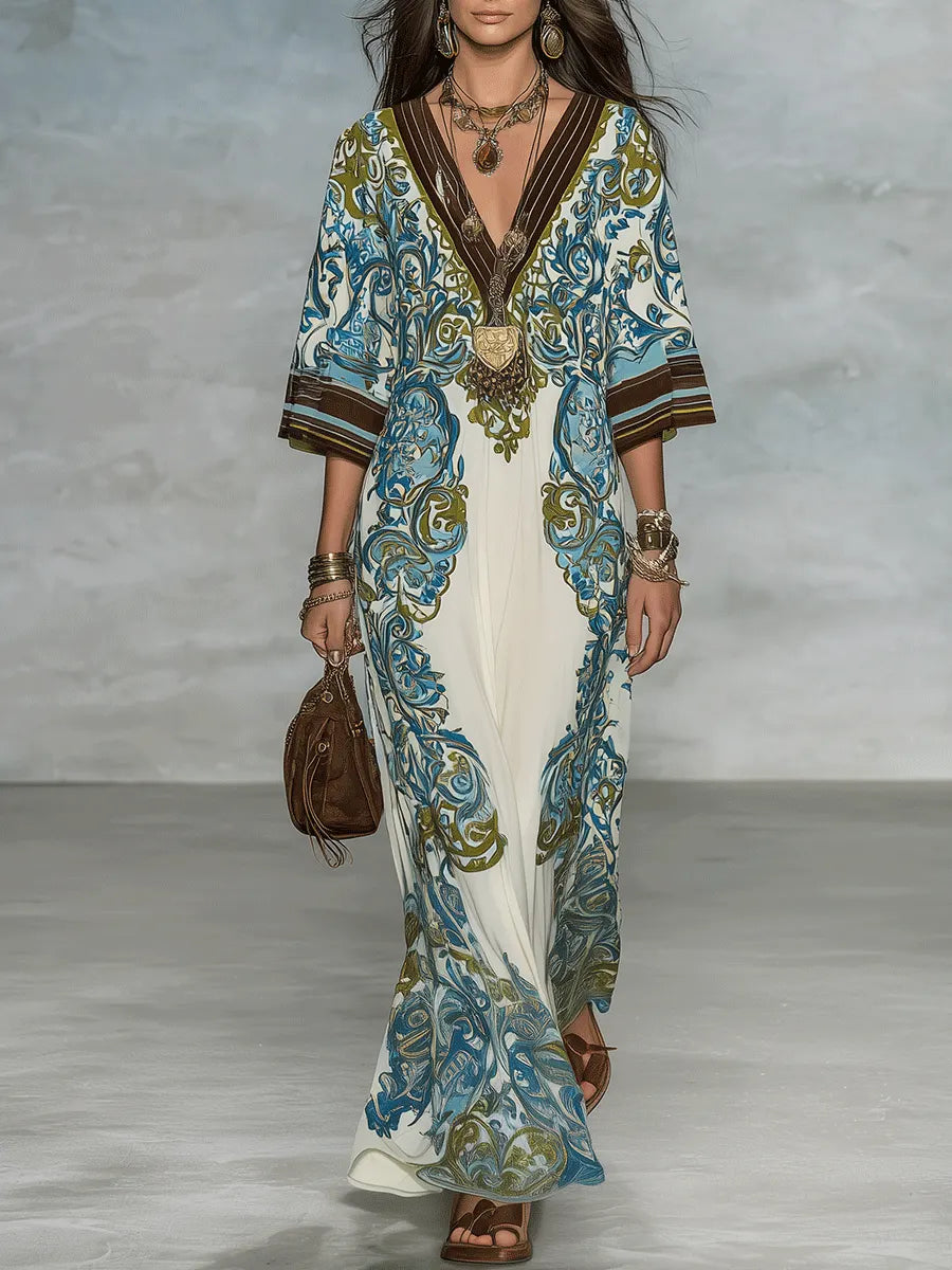 Elegant Resort Flowy Baroque-Print Deep-V Blue & Gold Maxi Dress