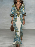 Elegant Resort Flowy Baroque-Print Deep-V Blue & Gold Maxi Dress