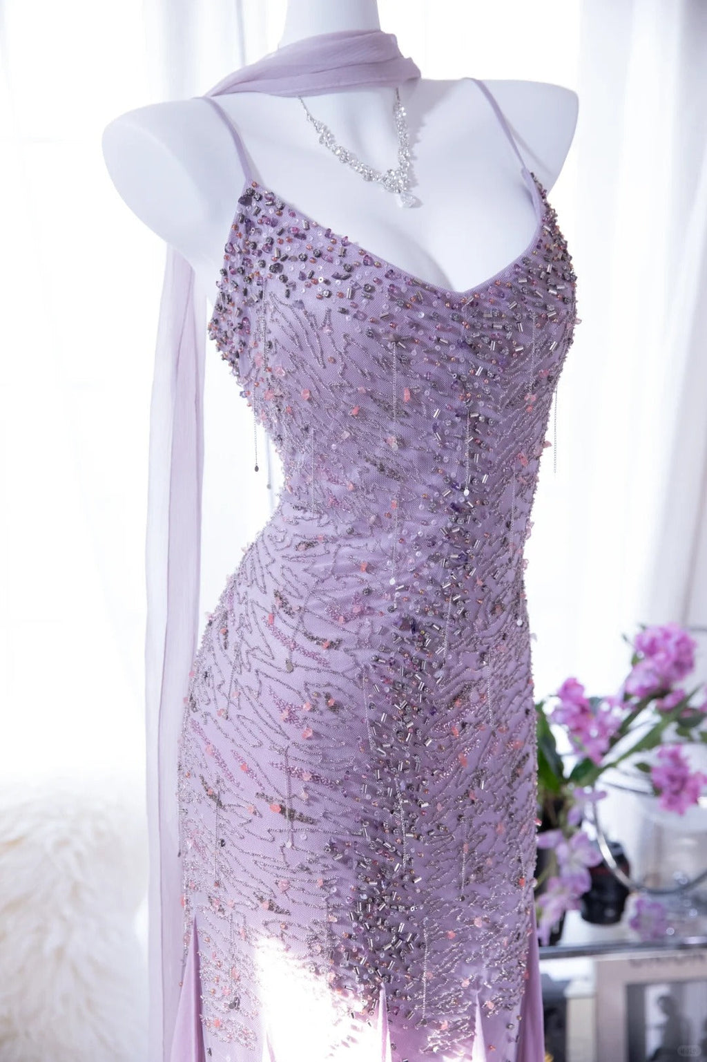 Lit Purple Elegant Romantic Exquisite Beaded Long Chiffon Ball Gown Evening Dress Birthday/Wedding Guest/Holiday Party Dress Prom Dress 4022