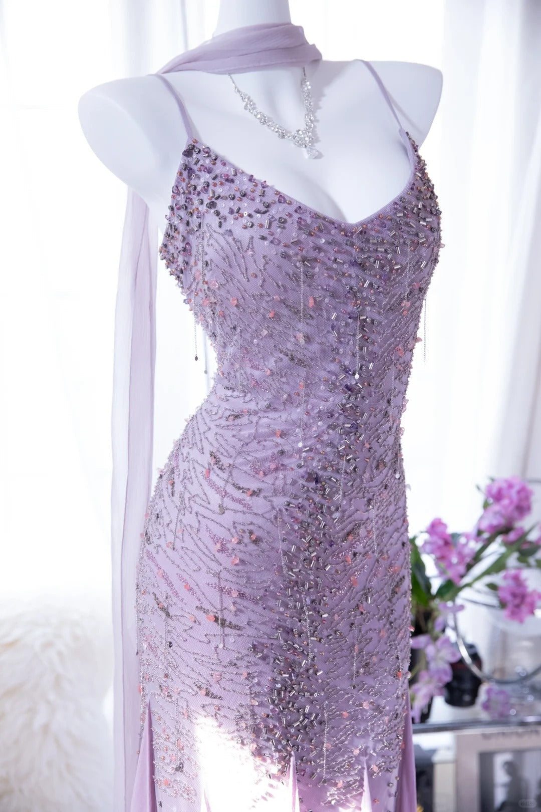 Lit Purple Elegant Romantic Exquisite Beaded Long Chiffon Ball Gown Evening Dress Birthday/Wedding Guest/Holiday Party Dress Prom Dress 4022