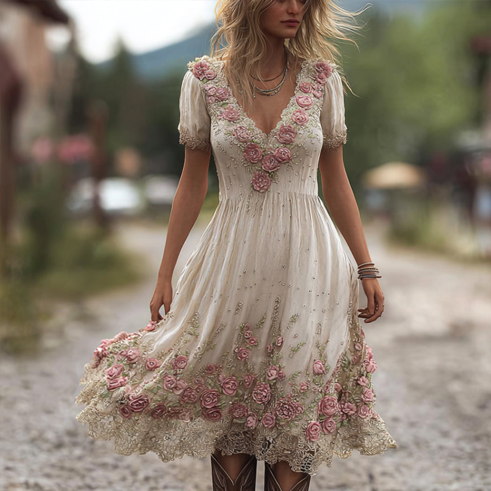 Ladies' Pink Flower Vintage White Linen Vintage V-neck Short-sleeved Long Dress