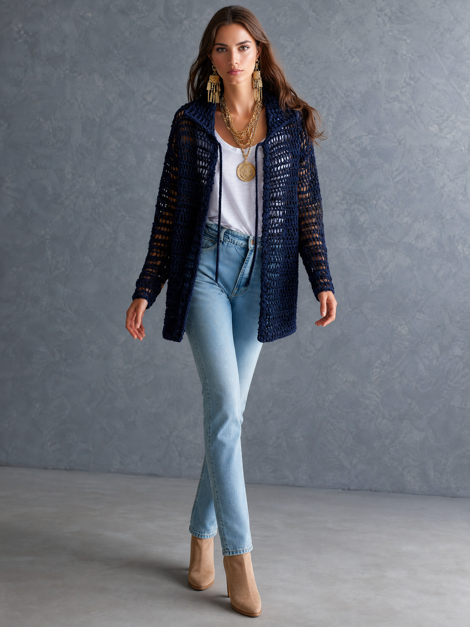 Coastal Boho Open-Knit Long-Sleeve Hollow-Out Dark Blue Duster Cardigan