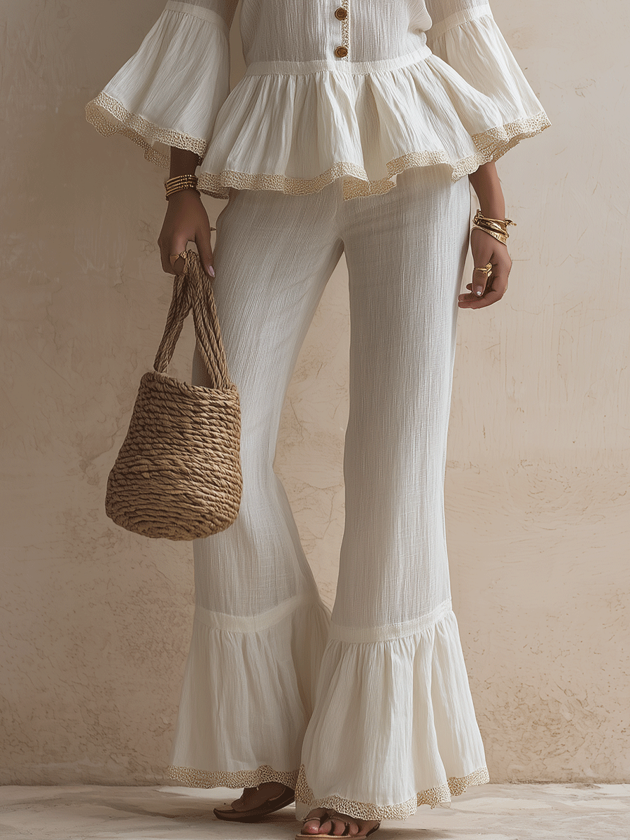 Bohemian Ruffle Hem Resort Cotton-linen Ivory White Pant Set