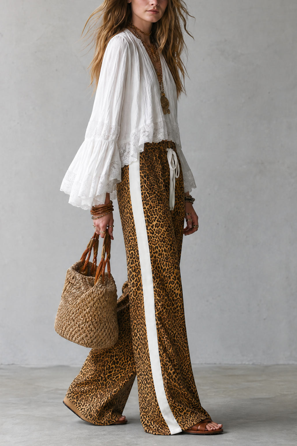 Resort Bohemian Ruffle Top & Animal Print Palazzo Pants Outfit Set