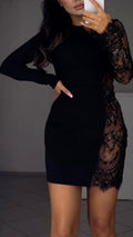 Black Round Neck Lace Asymmetrical Mini Dress